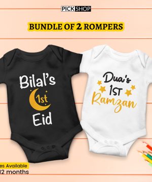 Bundle of Custom Name 1st Eid and 1st Ramzan Black and White Rompers